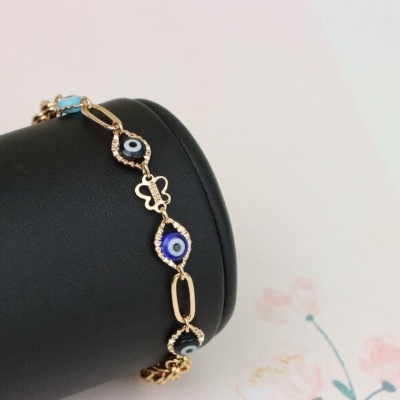 "Evil Eye Charm Rose Gold Bracelet with Butterfly Accent, XPBL1029 - Picture 2 of 12